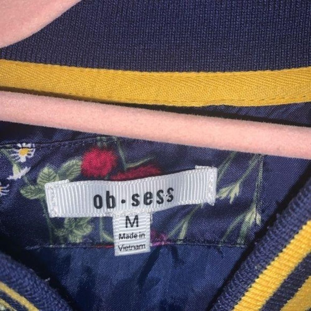 Blue Floral Satin Bomber Full Zip Size Medium - Picture 5 of 5